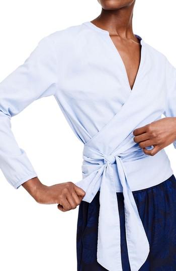 Petite Women's J.crew Oxford Wrap Top, Size P - Blue