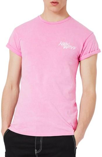 Men's Topman Muscle Fit Embroidered New Wave T-shirt, Size - Pink