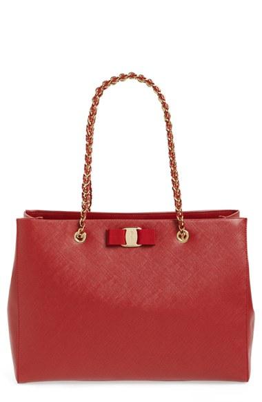 Salvatore Ferragamo 'melike' Saffiano Leather Shopper - Red