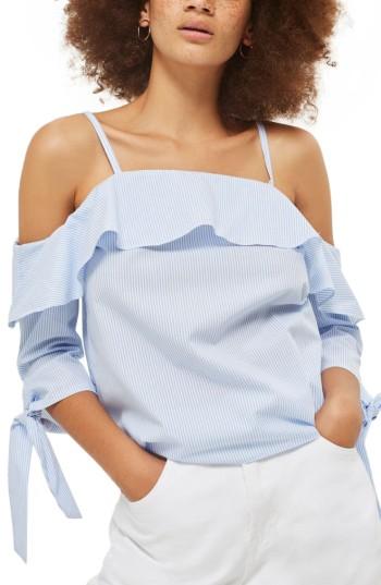 Women's Topshop Stripe Cold Shoulder Top Us (fits Like 0) - Blue