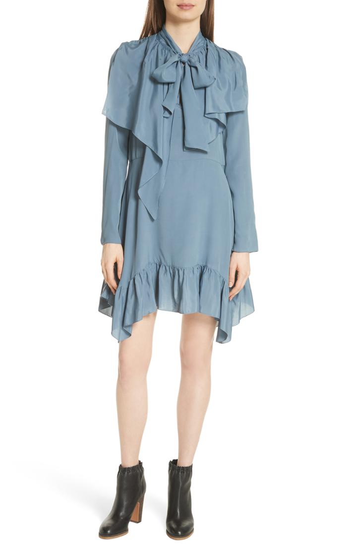 Women's See By Chloe Tie Neck Ruffle Hem Dress Us / 36 Fr - Blue