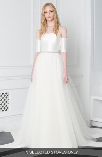 Women's Bliss Monique Lhuillier Off The Shoulder Crystal Waist Ballgown, Size In Store Only - White