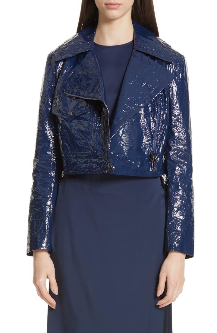 Women's Sies Marjan Annabelle Crinkled Faux Patent Leather Crop Moto Jacket - Blue