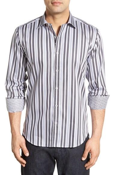Men's Bugatchi Classic Fit Vertical Stripe Sport Shirt - Black