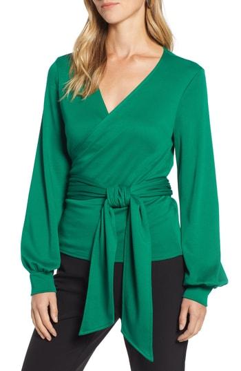 Women's Halogen Tie Front Faux Wrap Top - Green