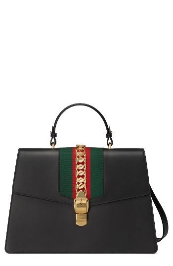 Gucci Maxi Sylvie Top Handle Leather Shoulder Bag - Black