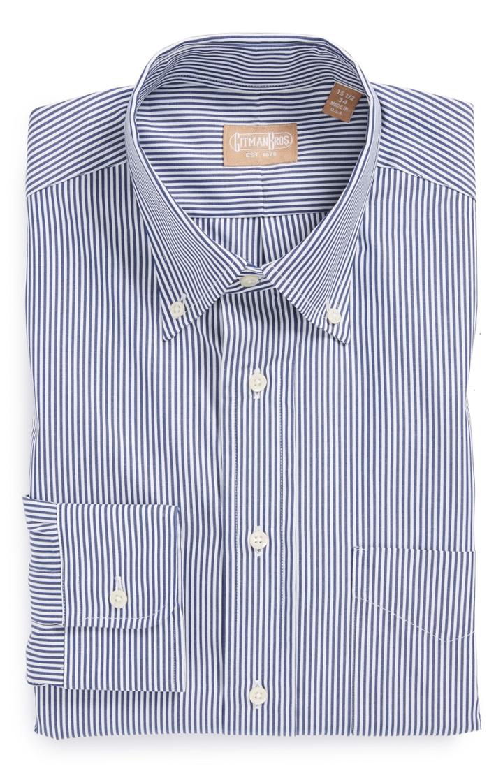Men's Gitman Regular Fit Bengal Stripe Cotton Broadcloth Button Down Dress Shirt - 36 - Blue