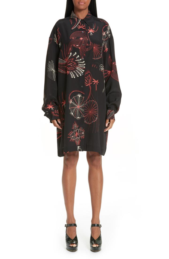 Women's Dries Van Noten Coral Print Silk Shirtdress