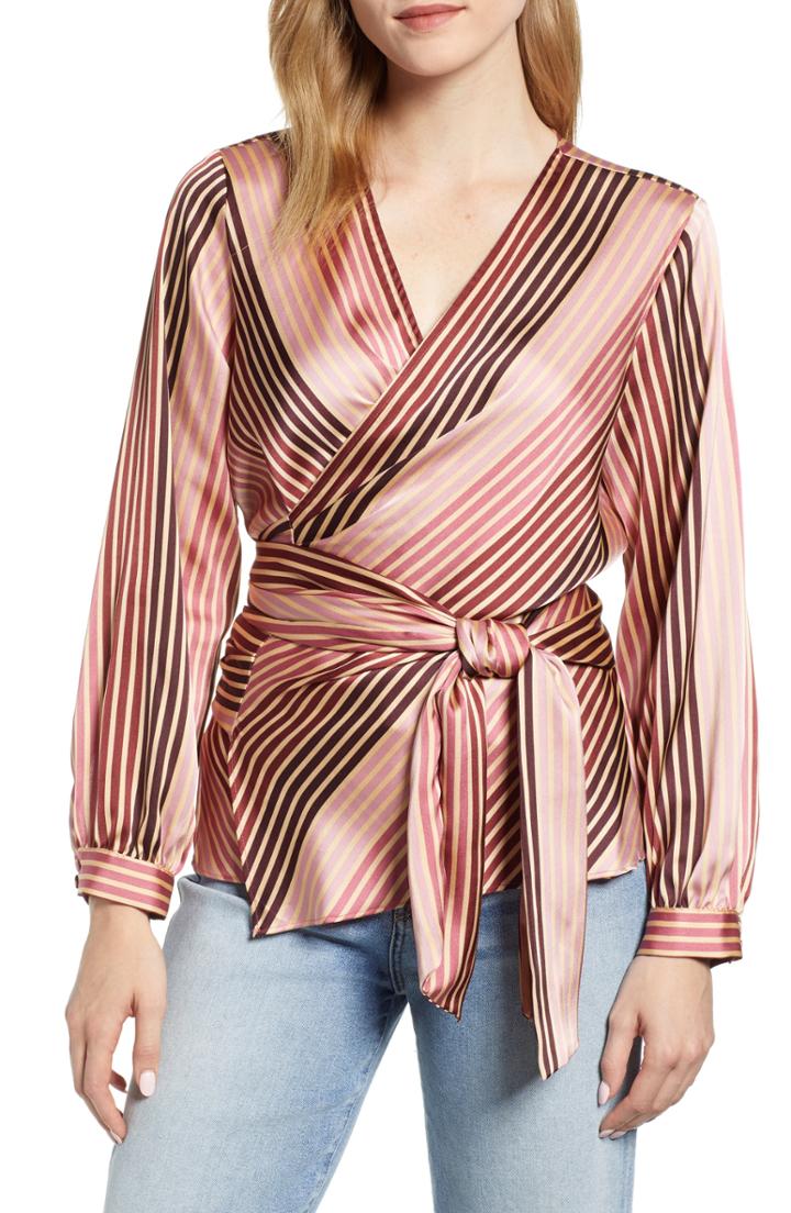 Women's Vince Camuto Stripe Soiree Satin Wrap Top, Size - Pink
