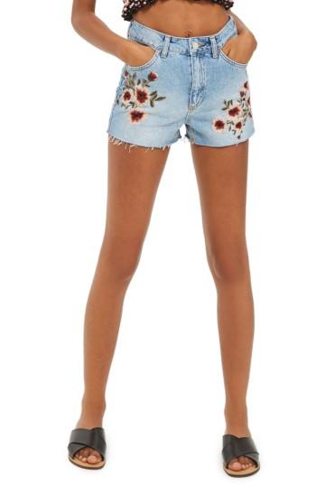 Women's Topshop Blossom Embroidered Denim Mom Shorts Us (fits Like 0-2) - Blue