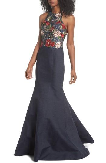 Women's La Femme Embroidered Denim Mermaid Gown - Blue