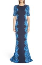 Women's St. John Evening Knit Brocade Trumpet Gown - Blue