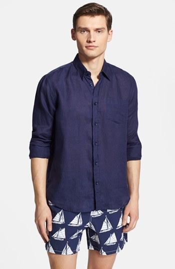 Men's Vilebrequin 'caroubier' Linen Shirt, Size - Blue