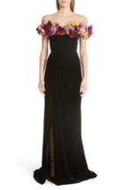 Women's Marchesa Floral Off The Shoulder Velvet Gown - Black