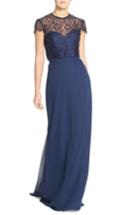 Women's Hayley Paige Occasions Strapless Chiffon A-line Gown With Removable Lace Overlay - Blue