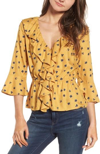 Women's Hinge Print Cascade Ruffle Top, Size - Yellow