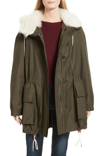 Women's Theory Sharya Technical Crisp Genuine Shearling Trim Parka - Green