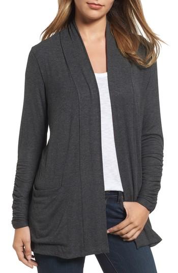 Women's Bobeau Ruched Sleeve Cardigan, Size - Black