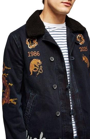 Men's Topman Decadent Embroidered Denim Jacket - Blue