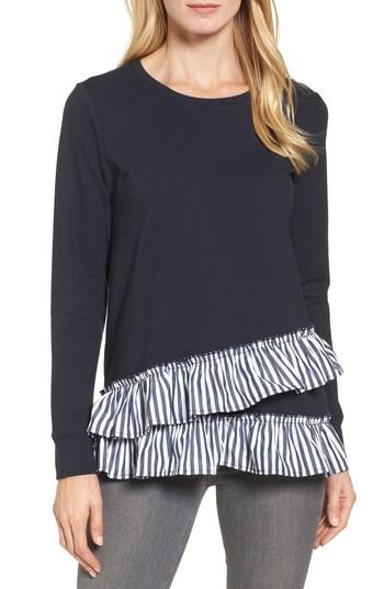 Women's Bobeau Poplin Ruffle Trim Sweatshirt - Blue