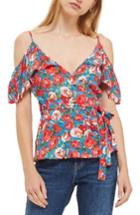 Women's Topshop Floral Cold Shoulder Wrap Top Us (fits Like 0-2) - Blue