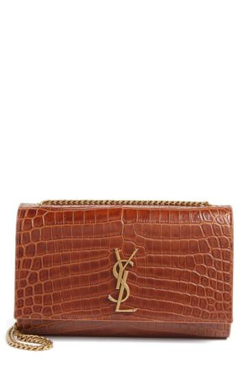 Saint Laurent Medium Kate Croc Embossed Leather Shoulder Bag - Beige