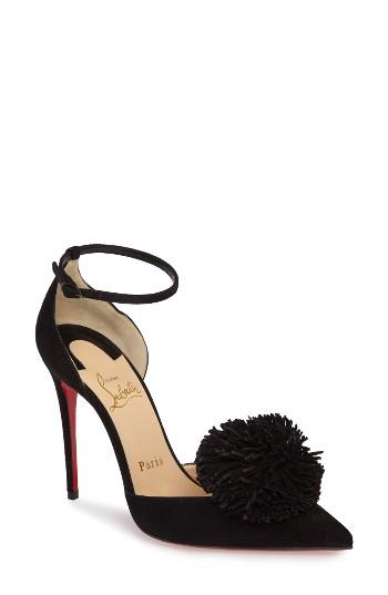 Women's Christian Louboutin Tsarou Pom Ankle Strap Pump Us / 34eu - Black