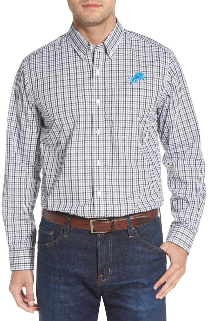 Men's Cutter & Buck Detroit Lions - Gilman Regular Fit Plaid Sport Shirt, Size - Black