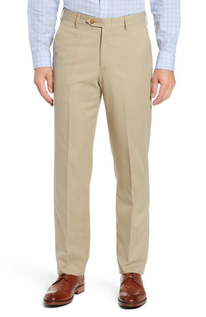 Men's Berle Classic Fit Flat Front Microfiber Performance Trousers - Beige
