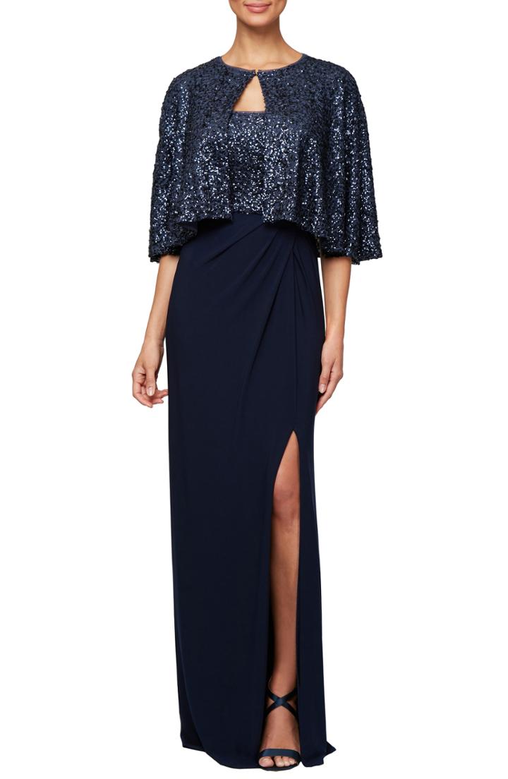 Women's Alex Evenings Sequin Gown & Capelet - Blue