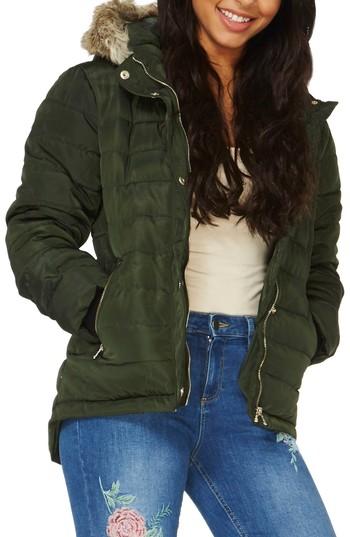 Women's Dorothy Perkins Hooded Faux Fur Puffer Jacket Us / 12 Uk - Green