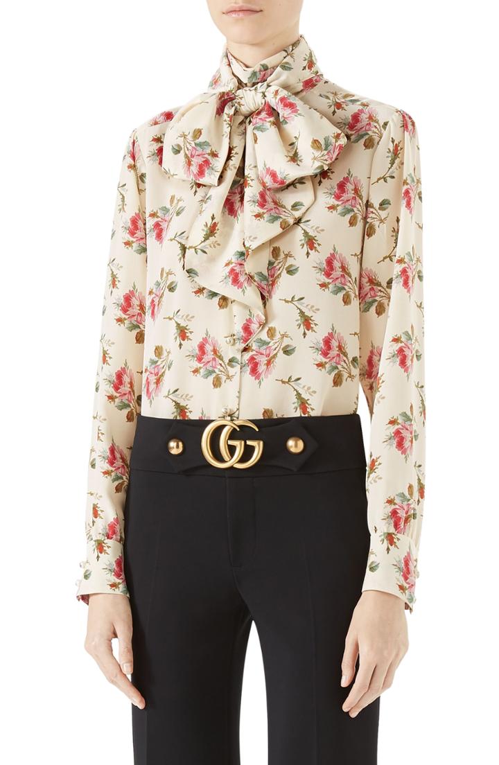 Women's Gucci Rose Print Silk Tie Neck Blouse Us / 44 It - Ivory