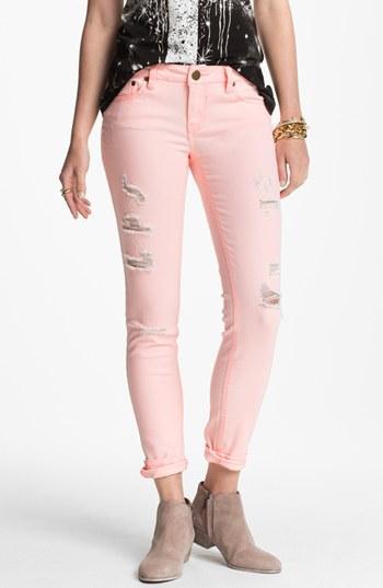 Fire Destroyed Pastel Denim Skinny Jeans (juniors) (online Only) Womens Peach Treaty