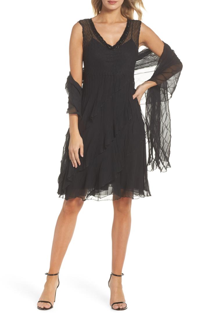 Women's Komarov Bead Trim Chiffon Dress With Wrap