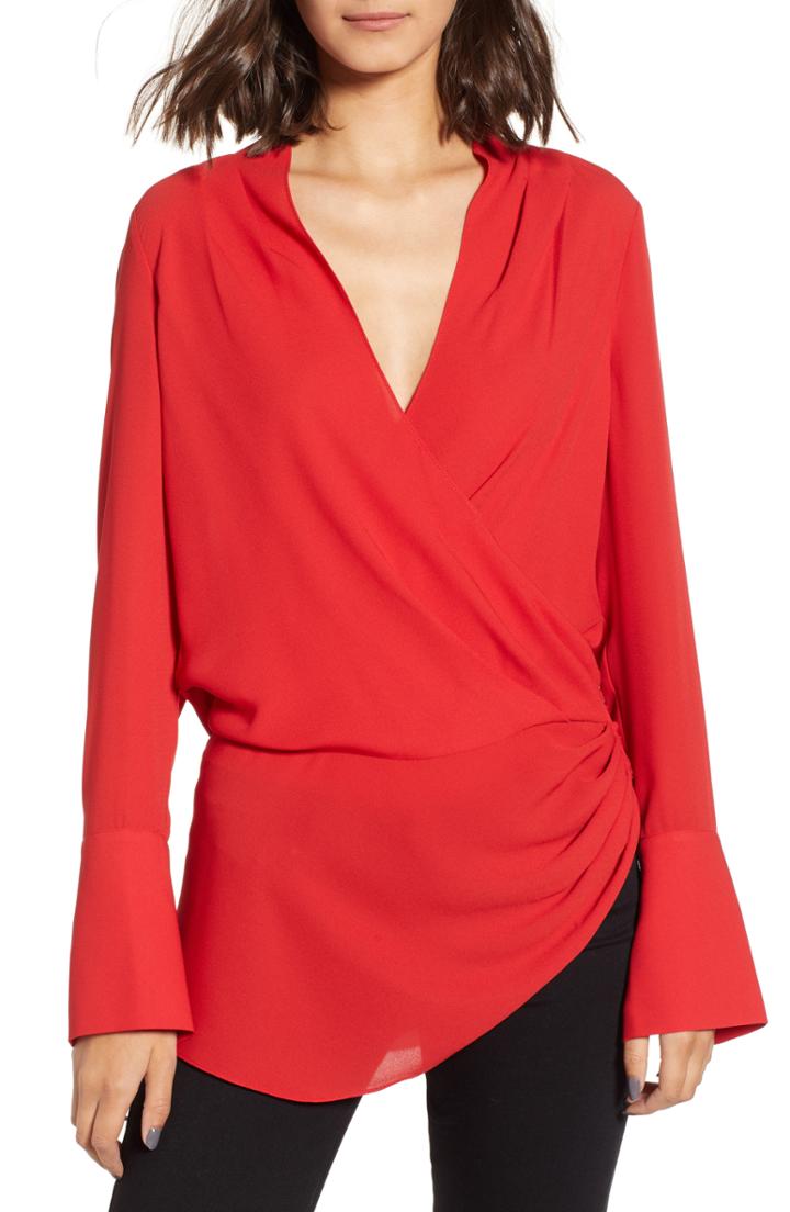 Women's Trouve Long Sleeve Wrap Blouse, Size - Red
