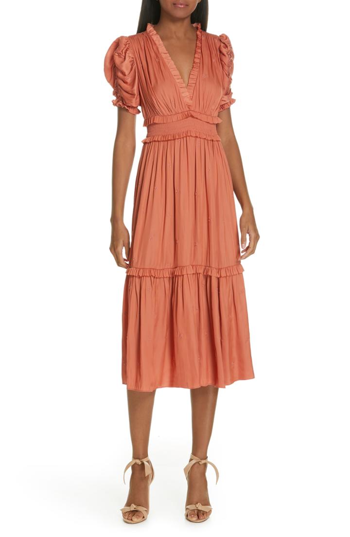 Women's Ulla Johnson Maya Embroidered Satin Midi Dress - Coral