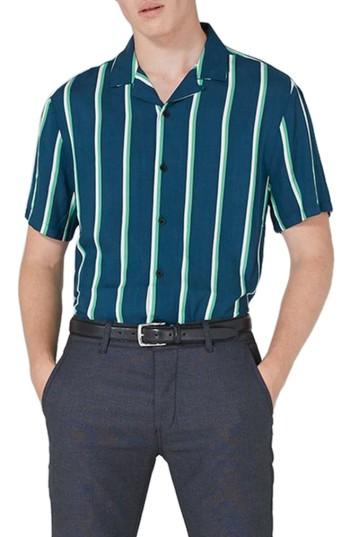 Men's Topman Stripe Revere Collar Shirt, Size - Blue