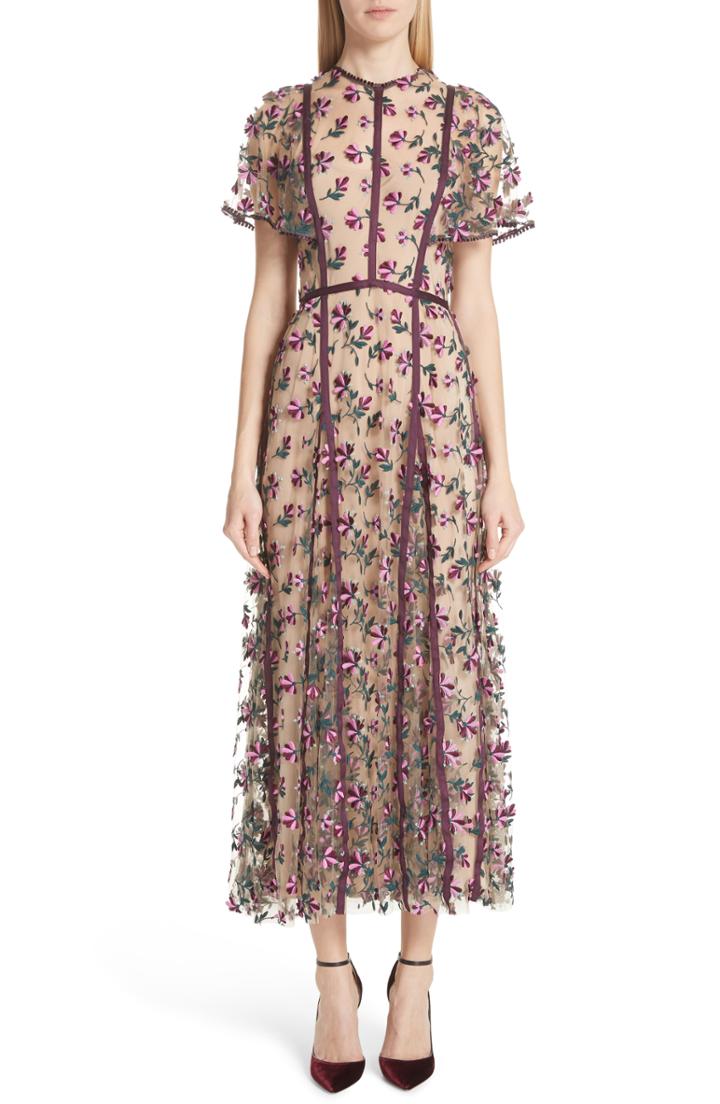 Women's Lela Rose Embroidered Flutter Sleeve Midi Dress