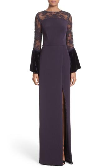 Women's Monique Lhuillier Lace & Velvet Trim Crepe Gown