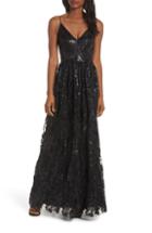 Women's Eliza J Sequin Embroidered Mesh Evening Dress - Black