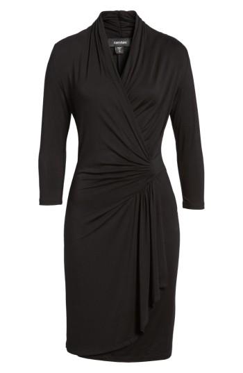 Petite Women's Karen Kane Cascade Faux Wrap Dress, Size P - Black