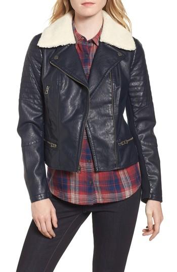 Women's Lucky Brand Leather Jacket With Removable Faux Fur - Blue