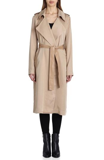 Women's Badgley Mischka Faux Leather Trim Long Trench Coat - Beige