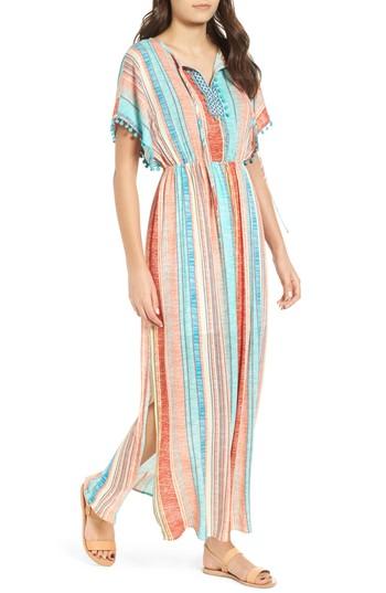 Women's Everleigh Stripe Pompom Trim Caftan - Coral