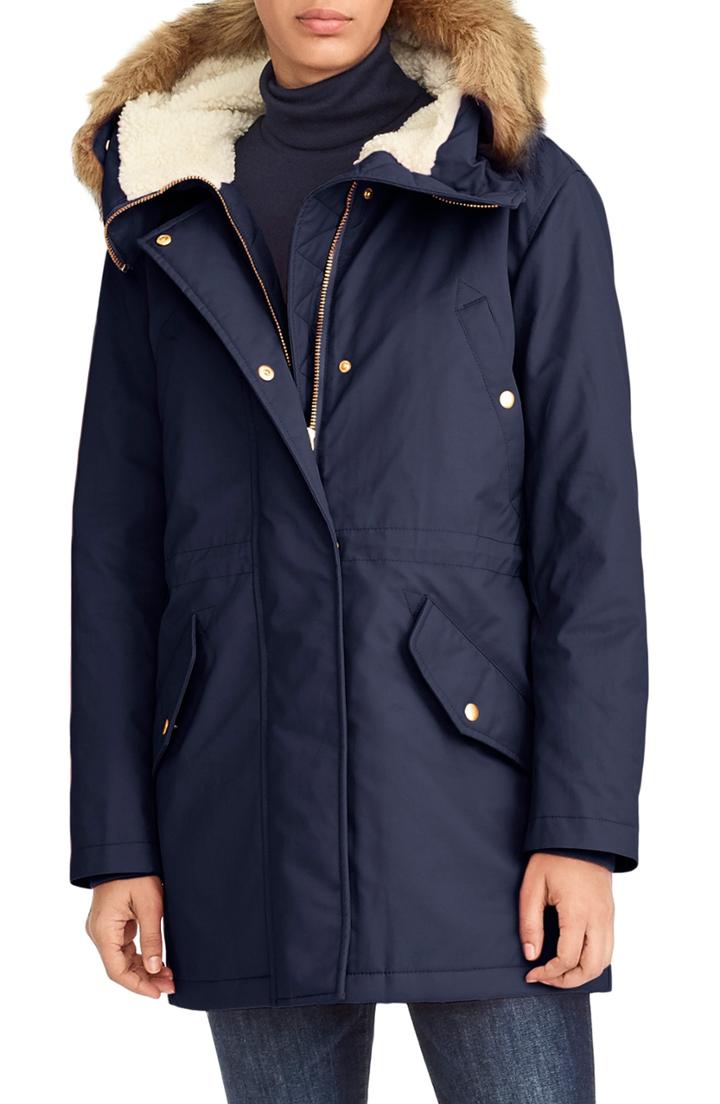Women's J.crew Perfect Winter Parka With Faux Fur Trim - Blue
