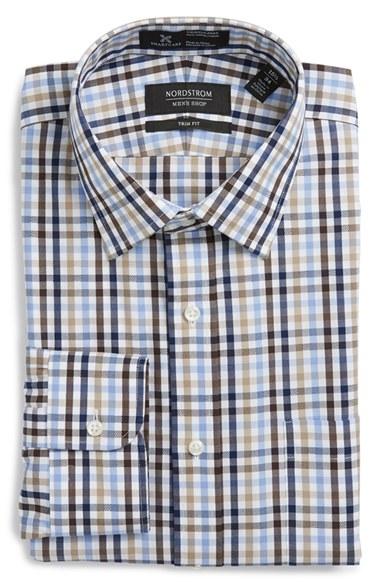 Men's Nordstrom Men's Shop Smartcare(tm) Trim Fit Check Dress Shirt .5 32/33 - Brown