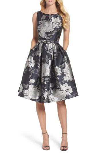 Petite Women's Eliza J Belted Metallic Jacquard Fit & Flare Dress P - Metallic