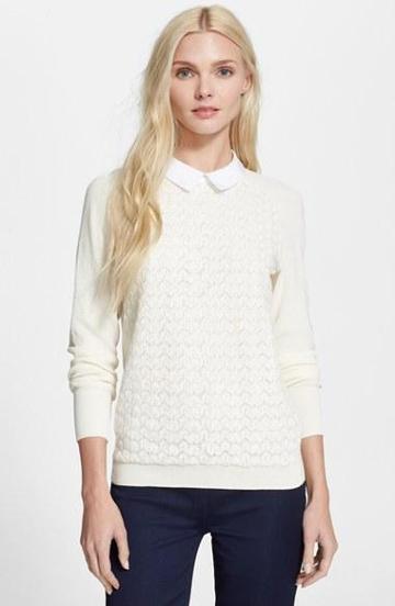 Tory Burch 'carmine' Crochet Front Collared Sweater Ivory W Ivory