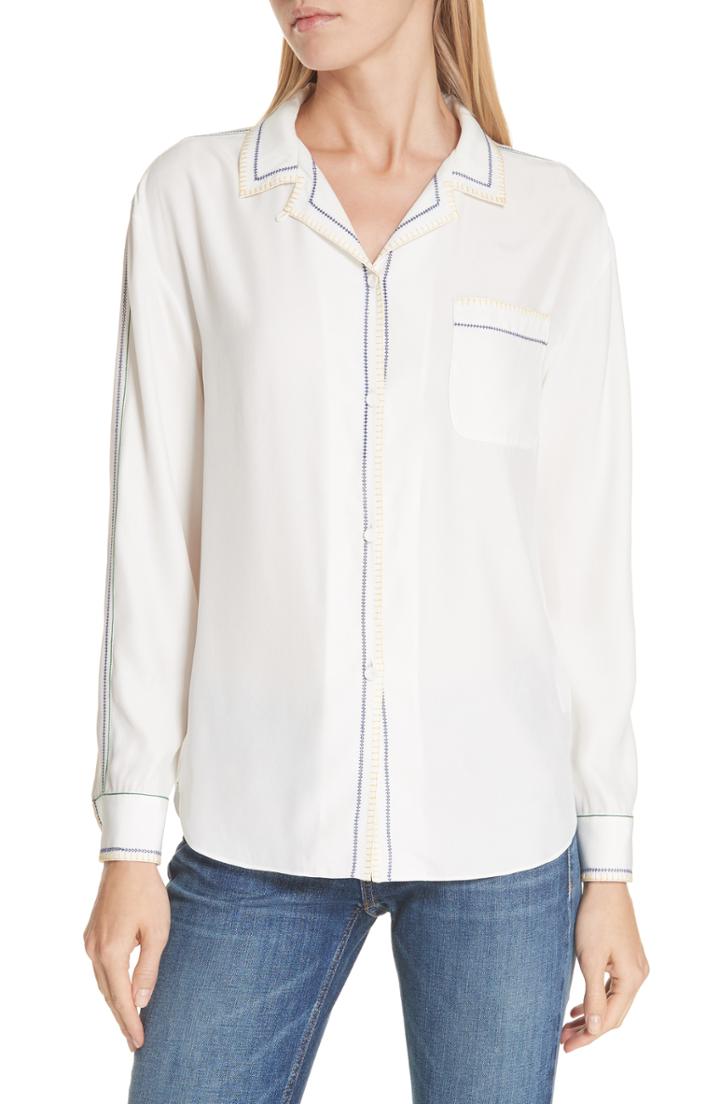 Women's Rag & Bone Anika Embroidered Silk Pajama Blouse - White