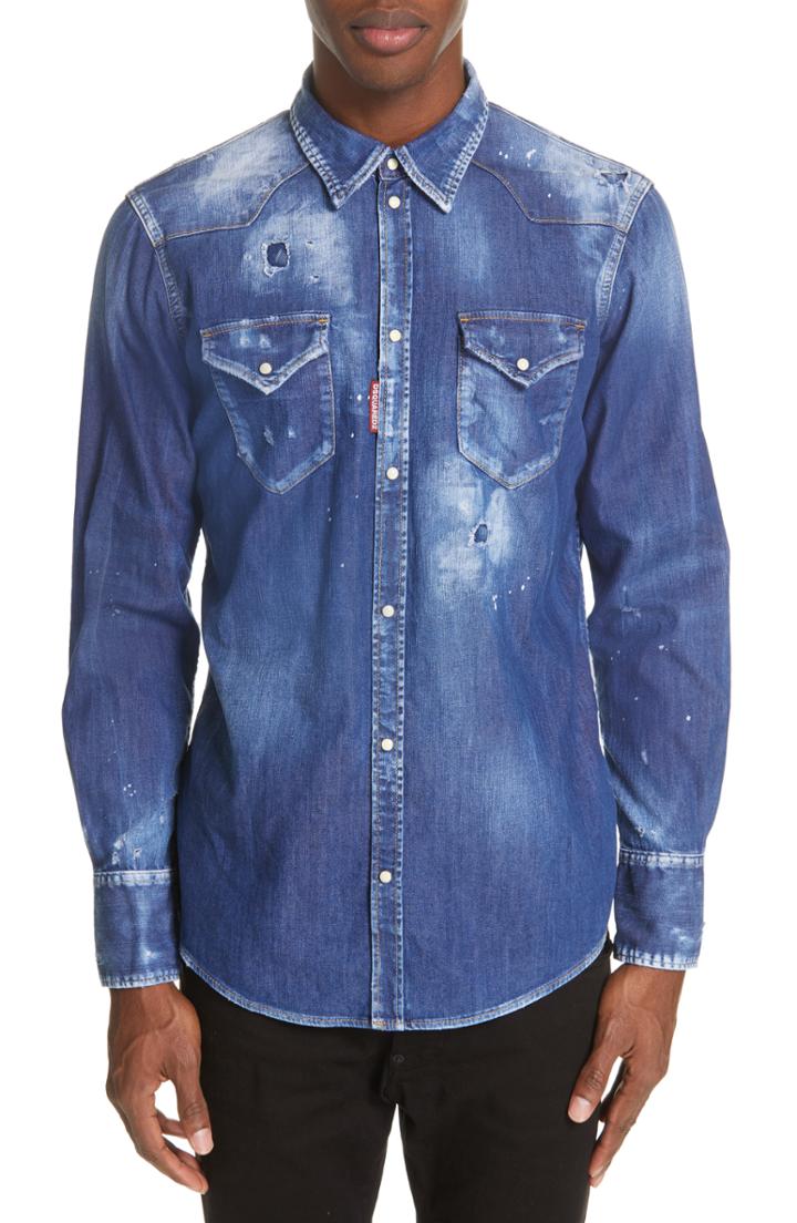 Men's Dsquared2 Distressed Denim Shirt Eu - Blue